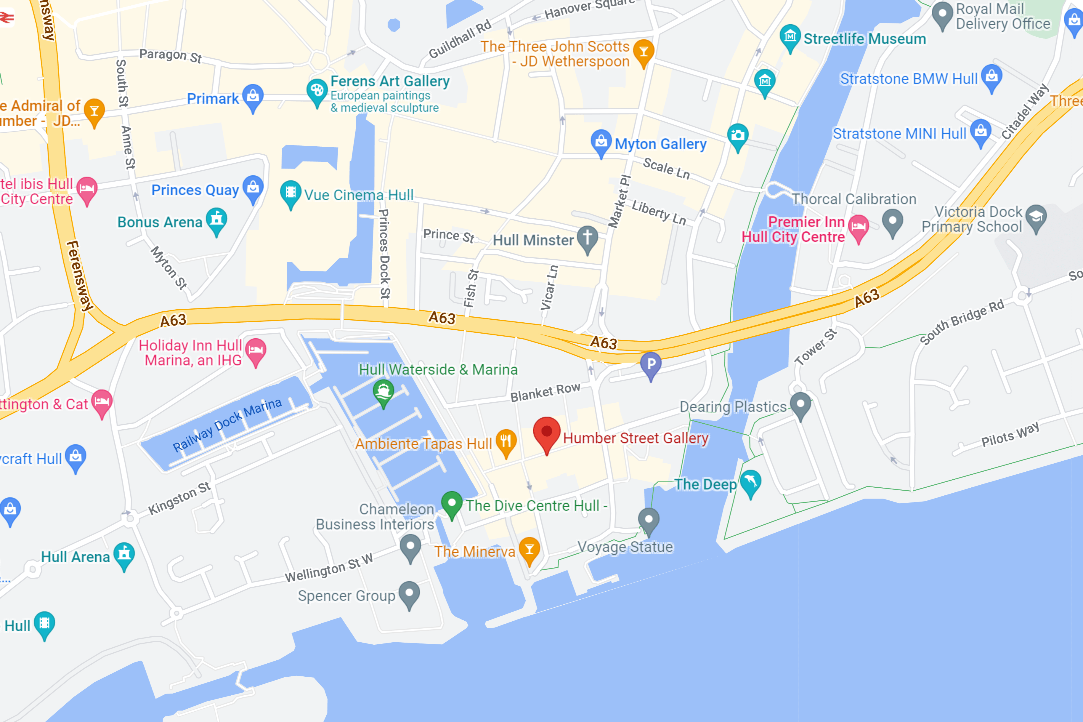 On our Contact Us page is a map of Hull city centre. Humber Street Gallery is marked with a red pin on Humber Street, Hull. The map can be clicked for the user to be taken to Google Maps.